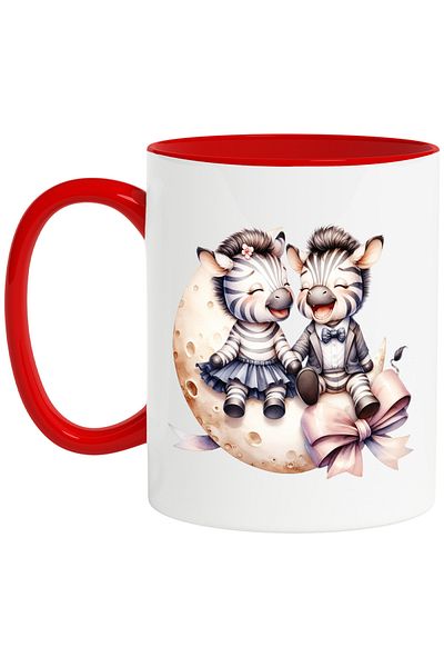 StoryGift Romania Mug with 2 zebras sitting on the crescent moon, illustration, bow, laughing, feeling good, pri, With,STG.
