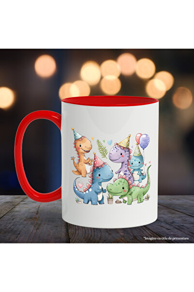 StoryGift Romania Mug with dinosaurs partying, fairy tale, illustration, balloons, plants, hearts, vase, With,STG.