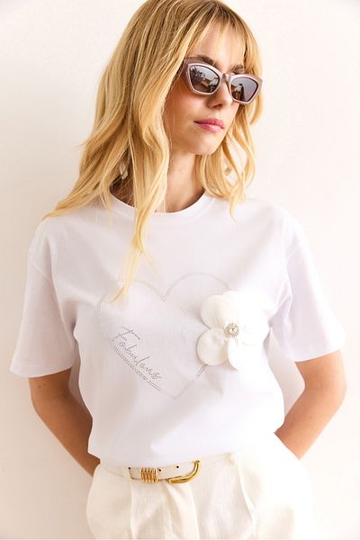 Olalook Women's White Heart Sequin Rose Accessory T-Shirt Tsh-19000906