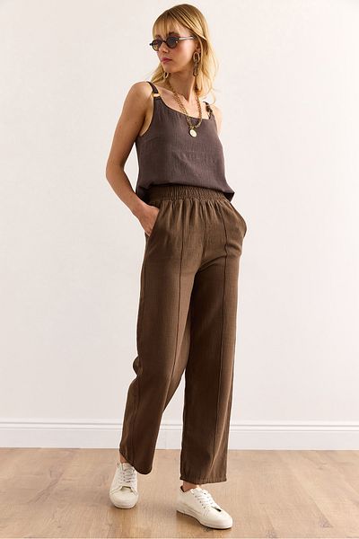 Olalook Women's Brown Elastic Waist Front Stitched Washed Buckle Linen Trousers Pnt-19000342