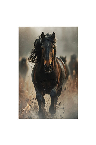 StoryGift Romania Tablou Canvas Eleganța În Mișcare Calul Negru Galopează Prin Praf Urmat De Grupul Său , Pictura