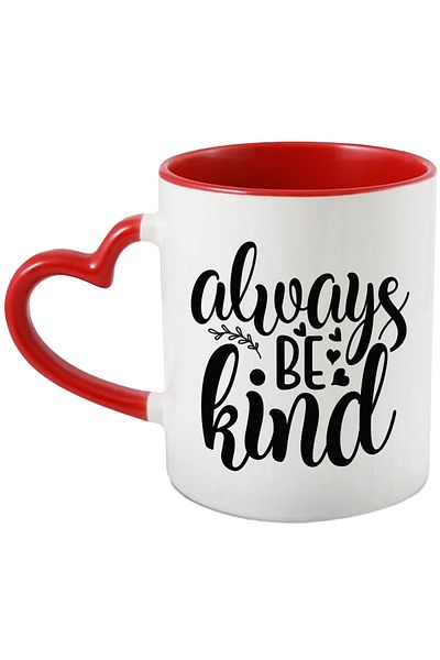 StoryGift Romania Mug with hearts and a message that encourages you to always be kind with a Red Heart Handle, with STG.