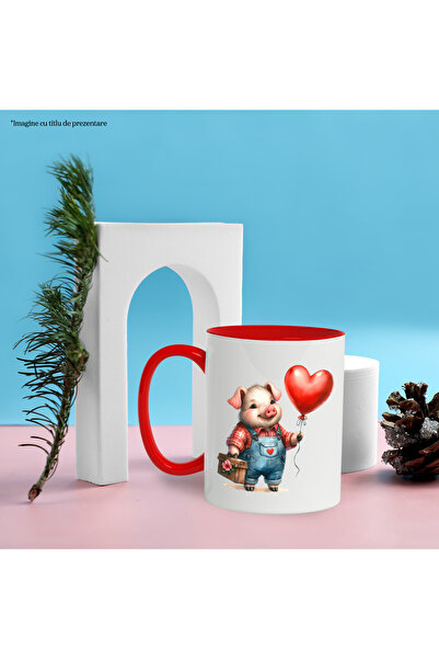 StoryGift Romania Mug with a pig, illustration, heart-shaped balloon, flower, gift with Handle, With, STG