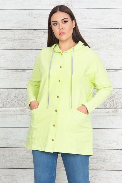 Şans Women's Large Size Green Cotton Fabric Hooded Front Button Sweatshirt 65n20439