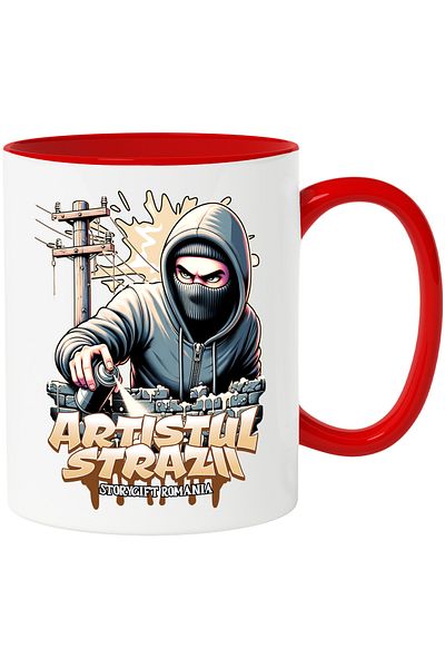 StoryGift Romania Street Artist Mug - Graffiti, Spray, 330ml, Ceramic with Red Handle, With Red Handle, STG.