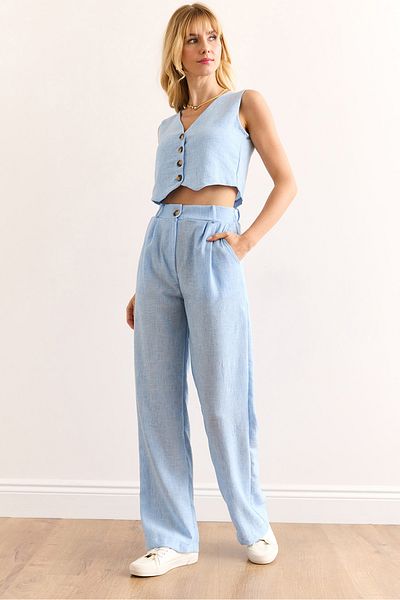 Olalook Women's Baby Blue Top Vest Bottom Pocket Trousers Linen Look Suit Tkm-19000359