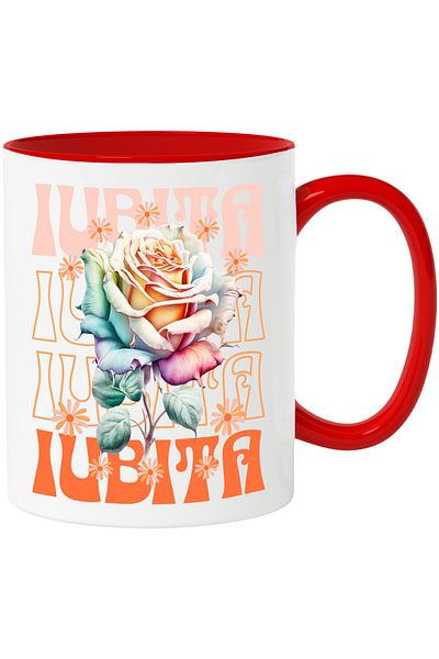 StoryGift Romania Beloved Mug - Rose Flower, 330ml, Ceramic with Red Handle, With Red Handle STG, STG, STG.