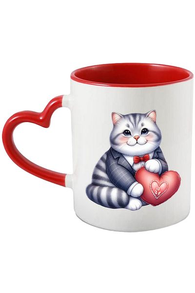 StoryGift Romania Mug with a fat kitty in a suit | illustration | holding a heart | affection, With ,STG.