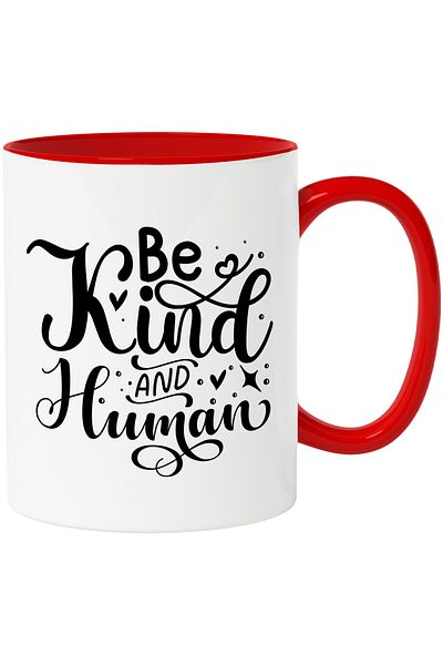 StoryGift Romania Mug with hearts and the text "Be kind and human" with Red Handle, With,STG.