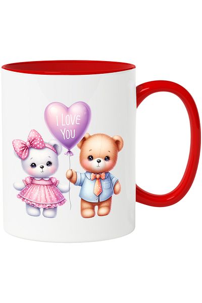 StoryGift Romania Mug with a teddy bear and a bear | illustration | purple balloon with the message "I love you" | , With ,STG