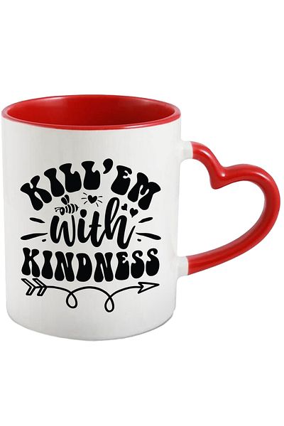 StoryGift Romania Mug with a bee and heart with the text "Kill them with kindness" with Red Heart Handle, with ,STG.