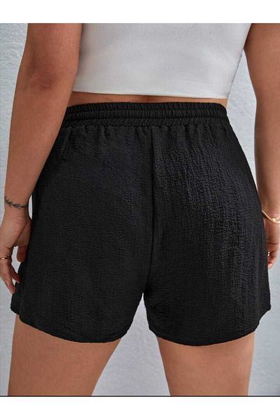 FAVORİST Women's Shorts Wrinkled Fabric Black Color Laced
