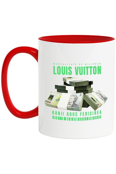 StoryGift Romania _Louis Vuitton_ Mug - Money Brings Happiness, 330ml, Ceramic with Red Handle, With R Handle, STG.