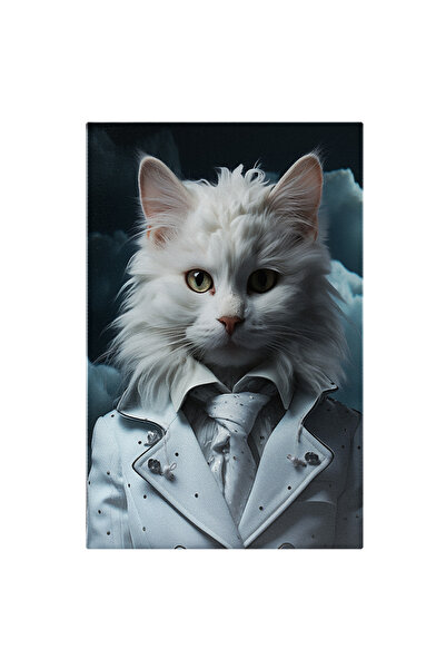 StoryGift Romania Tablou Canvas: Motan Alb In Costum Barbatesc Cu Cravata Gri Pe Fundal De Nori Plutitori Si Int