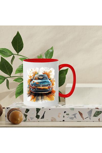 StoryGift Romania Mug With Volkswagen, Brand, Car, Watercolor, Abstract, Multicolor 330 ml, Wax, With ,STG