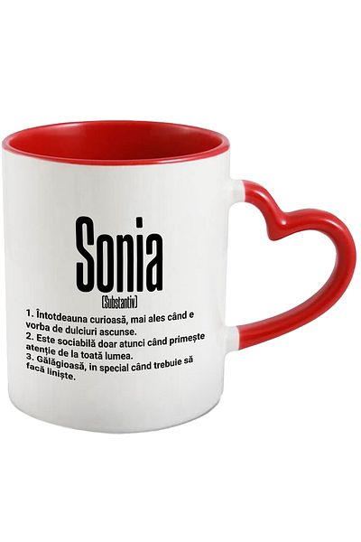 StoryGift Romania Mug With Name Sonia, and Funny Message, Curious, Sociable, Noisy, 330ml, , With ,STG.
