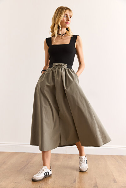 Olalook Women's Khaki Black Banded Front Slit Lace up Midi Bell Skirt Etk-19000321