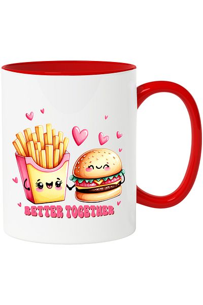 StoryGift Romania Mug with a serving of fries and a burger holding hands with the message, With,STG.