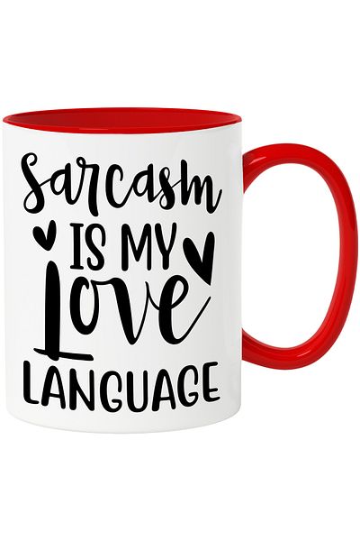 StoryGift Romania Mug with hearts and the text "Sarcasm is my love language" - comic with M, Cu, STG.