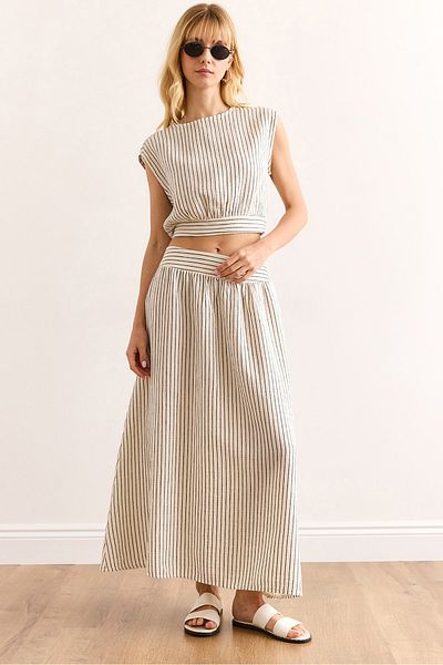 Olalook Women's Black Striped Side Zipper Midi Bell Muslin Skirt Etk-19000320
