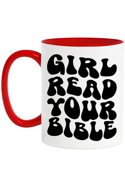 StoryGift Romania Mug with the message "Girl, read your Bible" - girl, read your Bible with Red Handle, With M,STG.