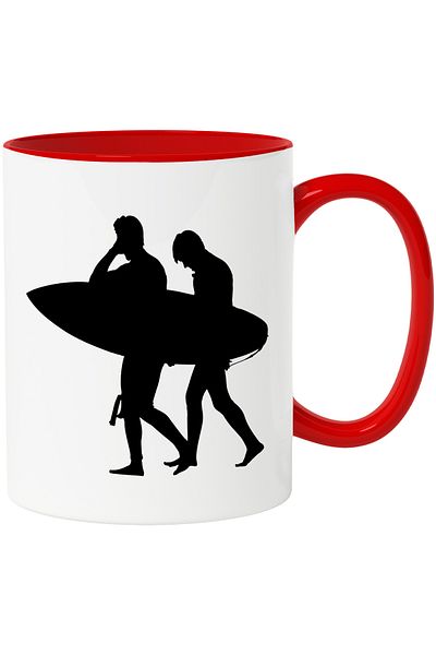StoryGift Romania Mug with 2 people getting ready for surfing with Red Handle, With Red Handle STG,S,STG.