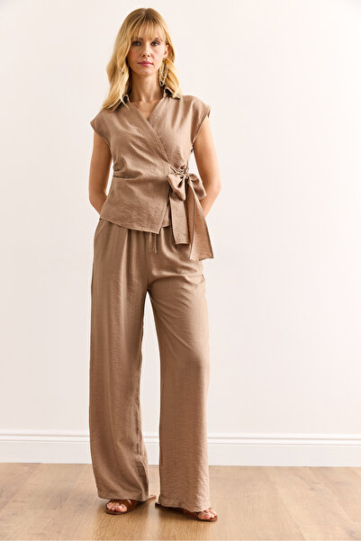 Olalook Women's Camel Top Side Tie Detailed Blouse Bottom Pocket Trousers Set Tkm-19000385