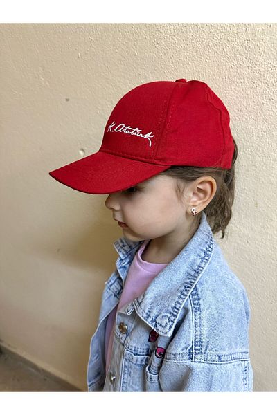 sema aksesuar Red Unisex K.Atatürk Written Children's Hat - Adjustable with Velcro on the Back - 19 May