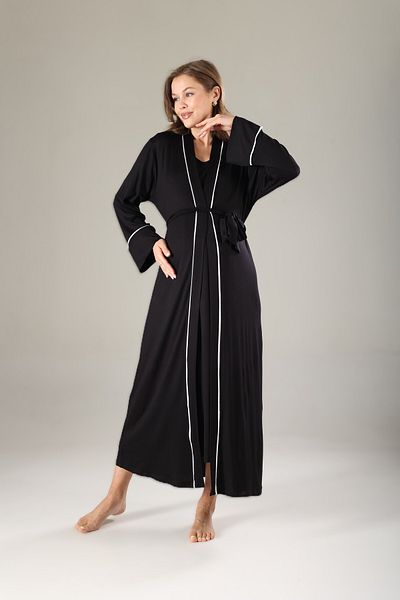 Pelin Women's Black Ecru Bias Maternity Nightgown Dressing Gown Set