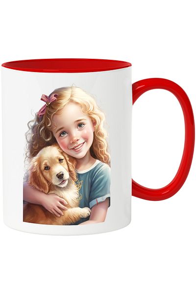 StoryGift Romania Mug with Portrait of Little Girl with Her Dog, Little Girl with Blonde Hair, Blonde Dog, F, With, STG.