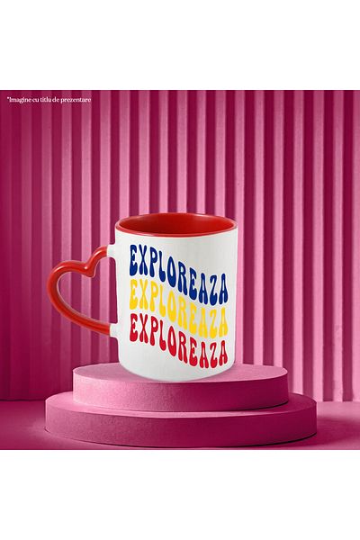 StoryGift Romania The Word Explore Mug, in the Colors of the Romanian Flag, Red, Yellow, Blue, with STG.