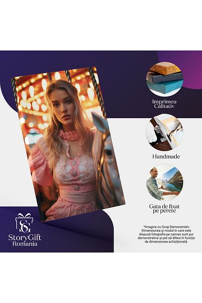 StoryGift Romania Tablou Canvas: Fata Blonda In Rochie Alba Cu Roz Si Cercei In Ureche In Carusel Pe Un Calut P