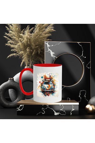 StoryGift Romania Mug With Car, Volkswagen, Vintage, Geometric, Stripes, Multicolor 330 ml, Ceramics, With ,STG.