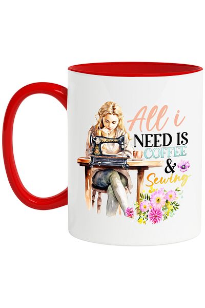 StoryGift Romania Mug with the message "All I need is coffee & sewing", profession, illustration, work, by, Cu,STG.