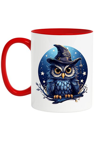 StoryGift Romania Mug with an owl wearing a witch's hat, illustration, little evil girl, With ,STG.