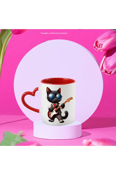 StoryGift Romania Mug with a black cat playing the guitar, music, passion, illustration, cost, With ,STG.