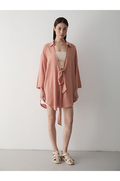 Laluvia Salmon Flam Linen Kimono Shirt