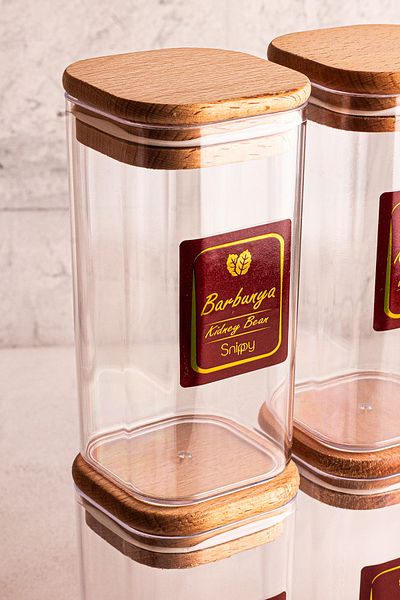 Snippy Boxy - Set of 6 Wooden Vacuum Lids and Labeled Spice Jars 350 ml - Food Storage Container Set