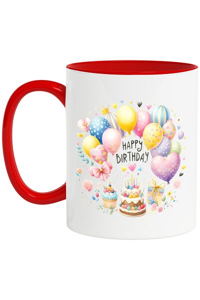 StoryGift Romania Mug with cake and colorful balloons, illustration, for children, birthday, With,STG.