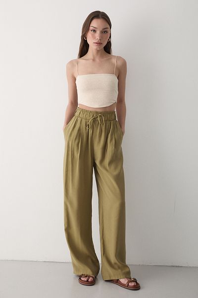 JASTE Women's Khaki Elastic Waist Wide Leg Palazzo Trousers