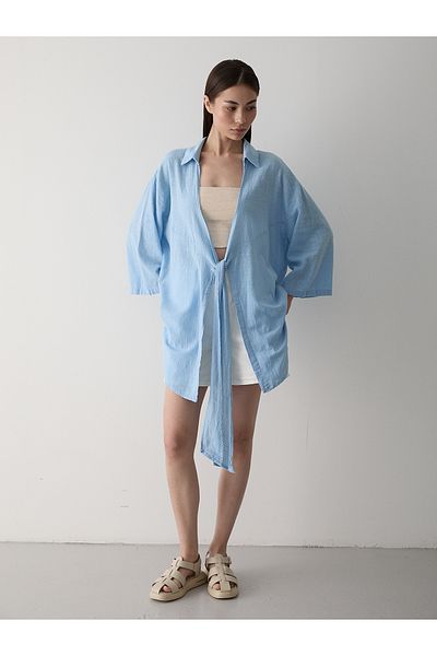 Laluvia Blue Flam Linen Kimono Shirt