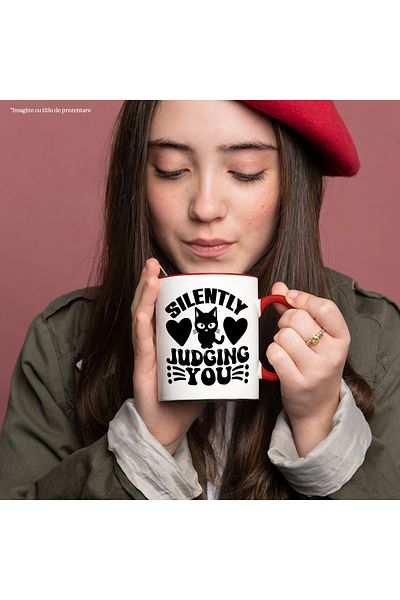 StoryGift Romania Mug with hearts and a cat with the message "Silently judging you" with Red Handle, Cu Man, STG.