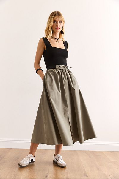 Olalook Women's Khaki Black Banded Front Slit Lace up Midi Bell Skirt Etk-19000321