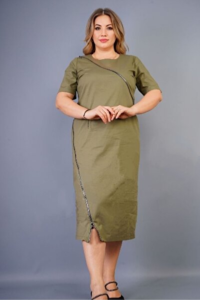 Novinka فستان كاكي متوسط ​​الطول بمقاس كبير مع تفاصيل سحاب