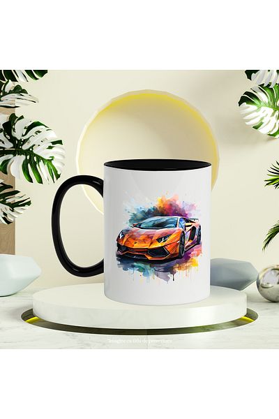 StoryGift Romania Sports Car Mug, Luxury Vehicle, Watercolor, Wheels, Multicolor 330 ml, Ceram, With,STG.