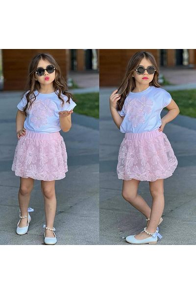 RAPAPA Girl's Floral Detailed T-Shirt and Tulle Skirt Set - Powder & White 2-Piece Combination 32080