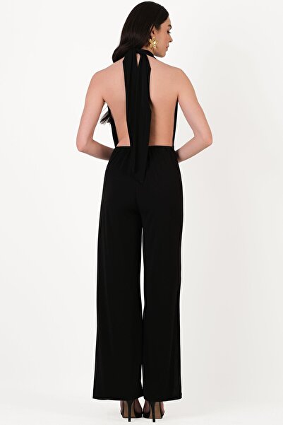 Spazio Falcon Degaje Yaka Boyundan Bağlamalı Abiye Tulum SİYAH