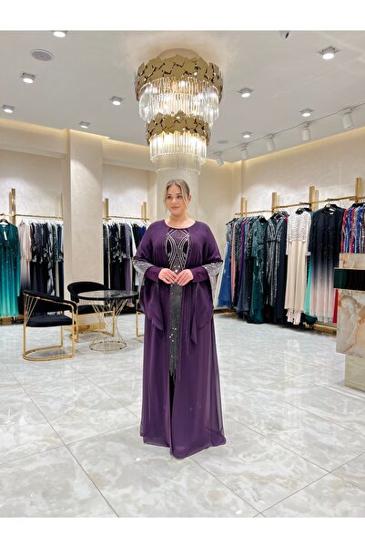 Balerina LİKRALI İÇ ELBİSE ÜZERİNE ŞİFON TAŞ İŞLEMELİ ABİYE KAFTAN