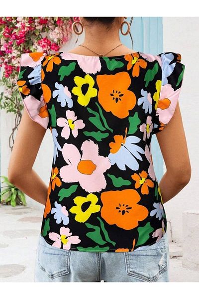 modaserdem Women Short Ruffle Sleeve Square Neck Floral Patterned Imported Linen Blouse