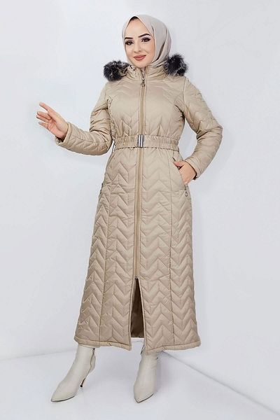 Tesettür Dünyası Steppmantel mit Gummigürtel TSD220827 Beige
